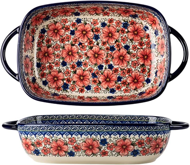 Bicuzat Vintage Style Pottery Bakeware Ceramic Casserole Dish Baking Pan Lasagna Pans Baking Dish with Handles for Oven/Cooking/Kitchen-1 PCS, Large Capacity, 60 OZ - Image 1