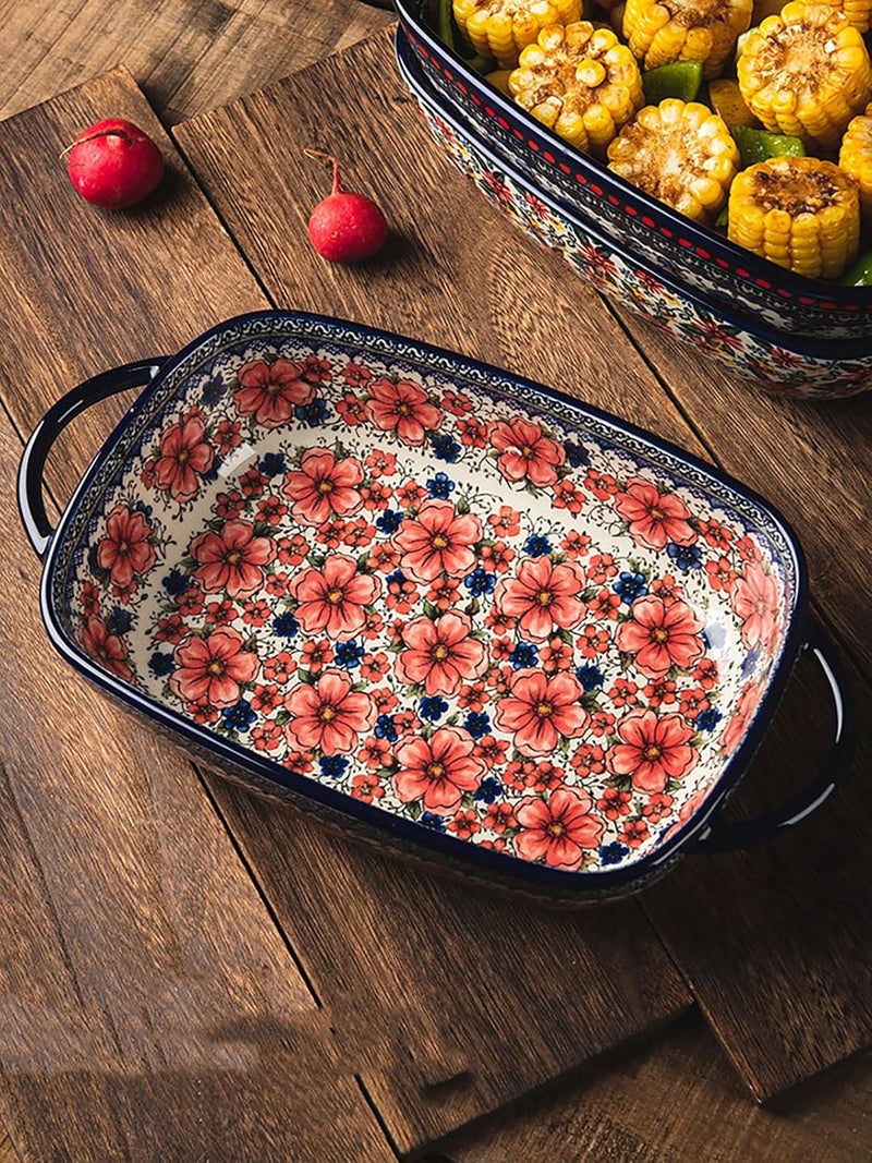 Bicuzat Vintage Style Pottery Bakeware Ceramic Casserole Dish Baking Pan Lasagna Pans Baking Dish with Handles for Oven/Cooking/Kitchen-1 PCS, Large Capacity, 60 OZ - Image 3
