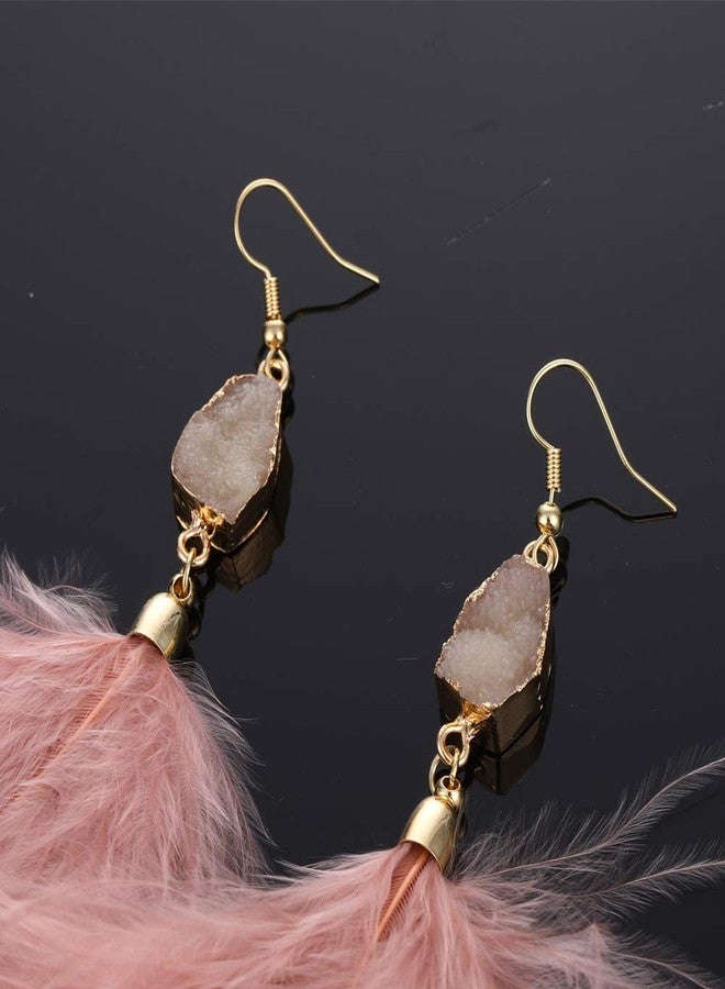 FORUBUS Elegant Feather Earrings for Women Nature Stone Feather Fringe Dangle Earrings Bohemian Style Jewelry-white - Image 5
