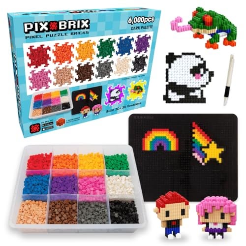 Pix Brix Pixel Art kit Puzzle Bricks 6000 Piece Pixel Art Container 12 Color Dark Palette Interlocking Building Bricks Create 2D and 3D Builds Without Water or Glue Stem Toys Ages 6 Plus - Image 1