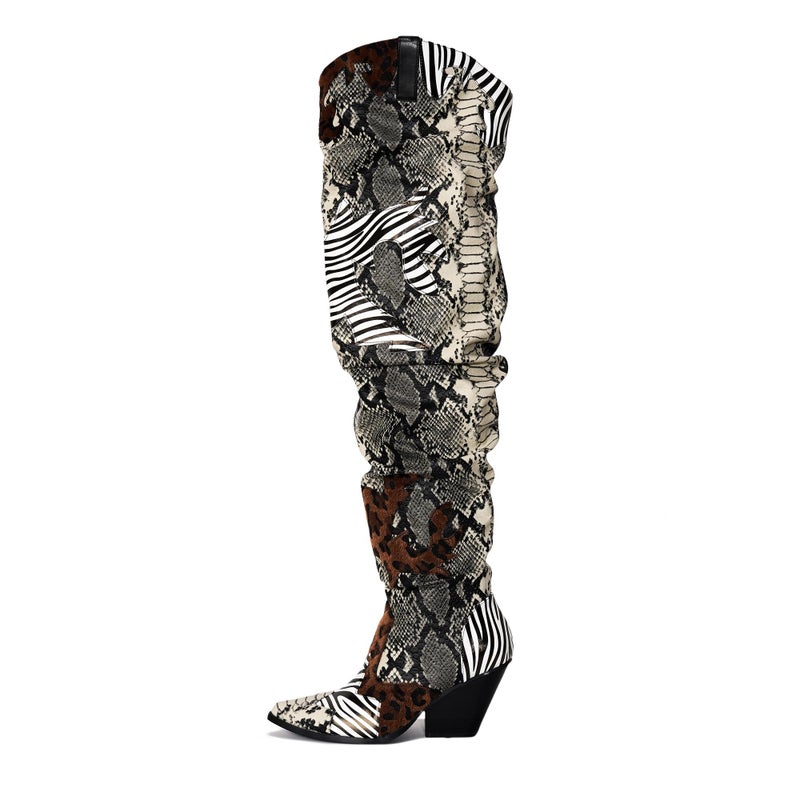 Cape Robbin Women's Thigh High Cowboy Boots with Chunky Heel - Faux Snakeskin Western Booties | Slip Resistant Block Heels for Fall Winter (Hilda) - Animal Print Size 8 - Image 1