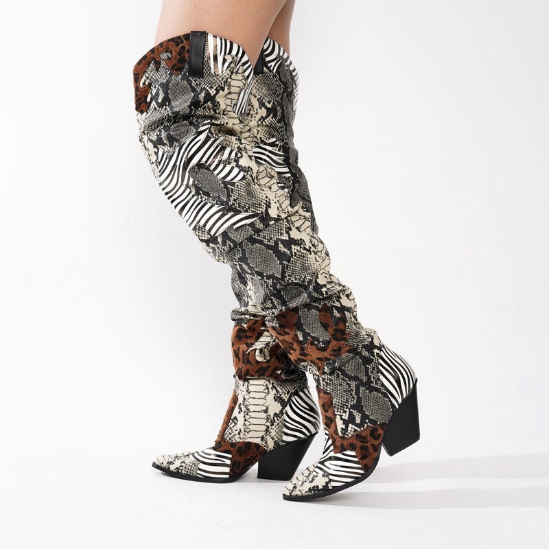 Cape Robbin Women's Thigh High Cowboy Boots with Chunky Heel - Faux Snakeskin Western Booties | Slip Resistant Block Heels for Fall Winter (Hilda) - Animal Print Size 8 - Image 3
