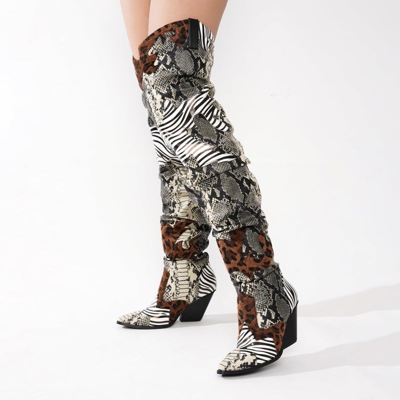 Cape Robbin Women's Thigh High Cowboy Boots with Chunky Heel - Faux Snakeskin Western Booties | Slip Resistant Block Heels for Fall Winter (Hilda) - Animal Print Size 8 - Image 5
