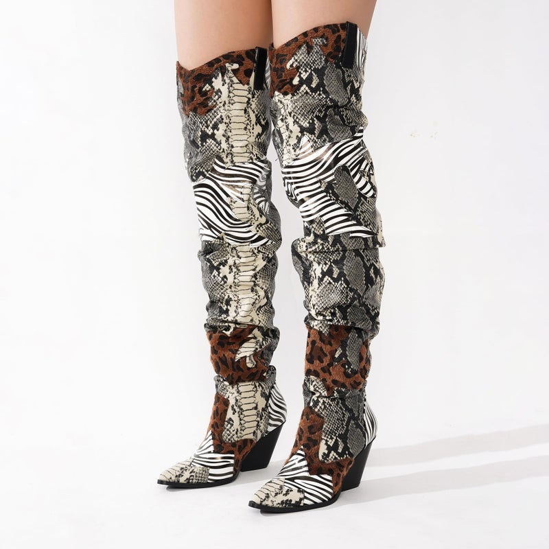 Cape Robbin Women's Thigh High Cowboy Boots with Chunky Heel - Faux Snakeskin Western Booties | Slip Resistant Block Heels for Fall Winter (Hilda) - Animal Print Size 8 - Image 4