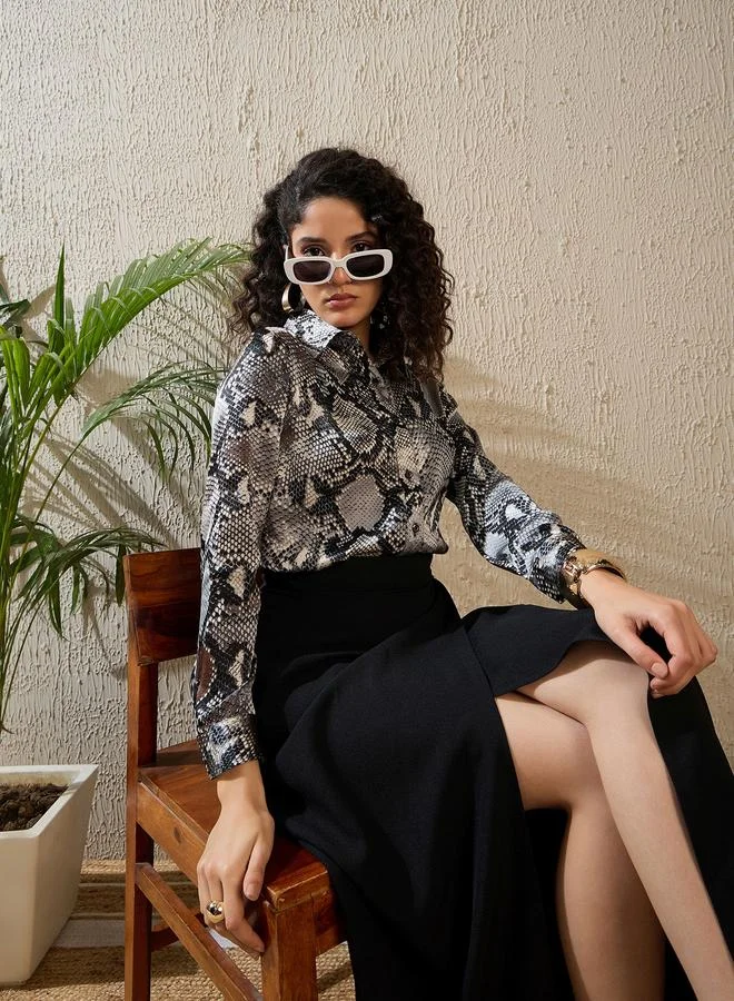 StyleStone Stylestone Snakeskin Print Buttoned Long Sleeve Shirt