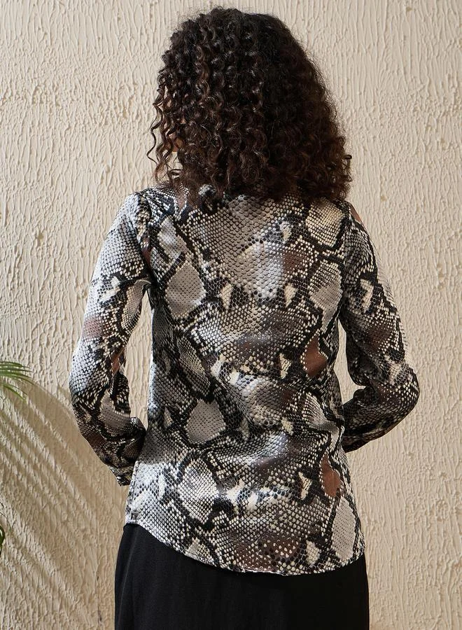 StyleStone Stylestone Snakeskin Print Buttoned Long Sleeve Shirt