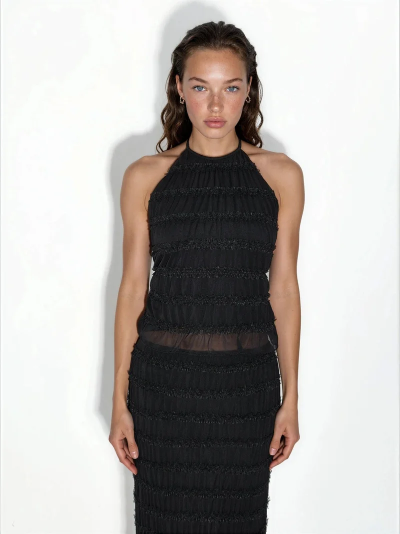 Hiccup Black Textured Halter Crop Top for Women | Best Price UAE
