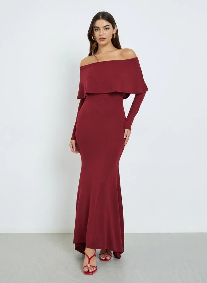 Solid Long Sleeves Off Shoulder A-Line Maxi Dress