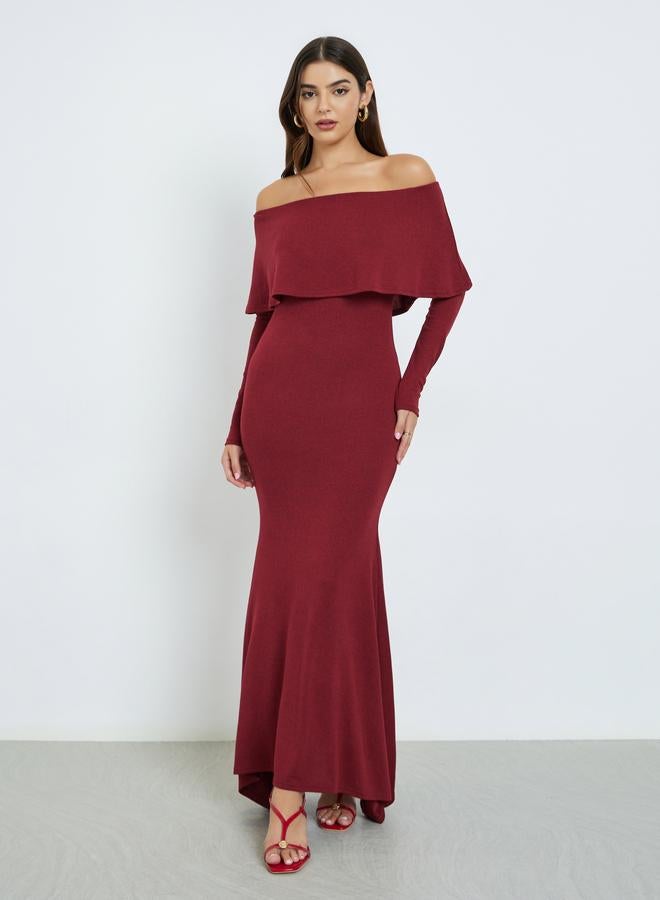 Styli Solid Long Sleeves Off Shoulder A-Line Maxi Dress - Image 1