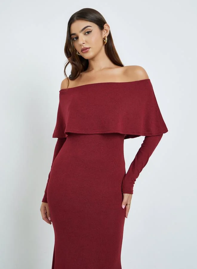 Styli Solid Long Sleeves Off Shoulder A-Line Maxi Dress