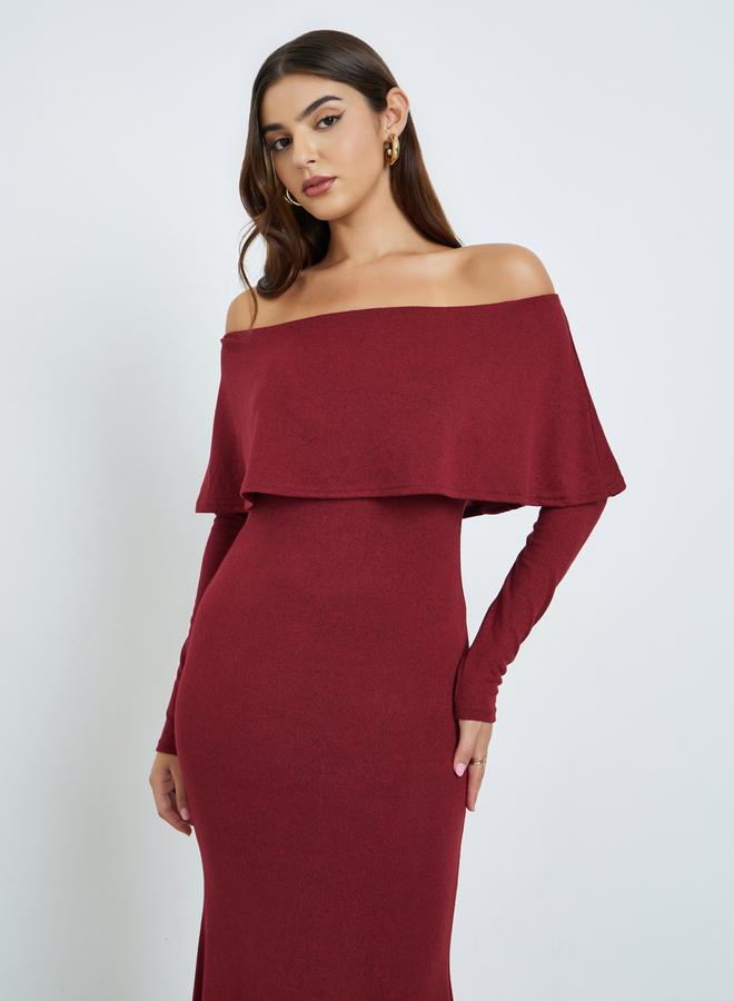 Styli Solid Long Sleeves Off Shoulder A-Line Maxi Dress - Image 3