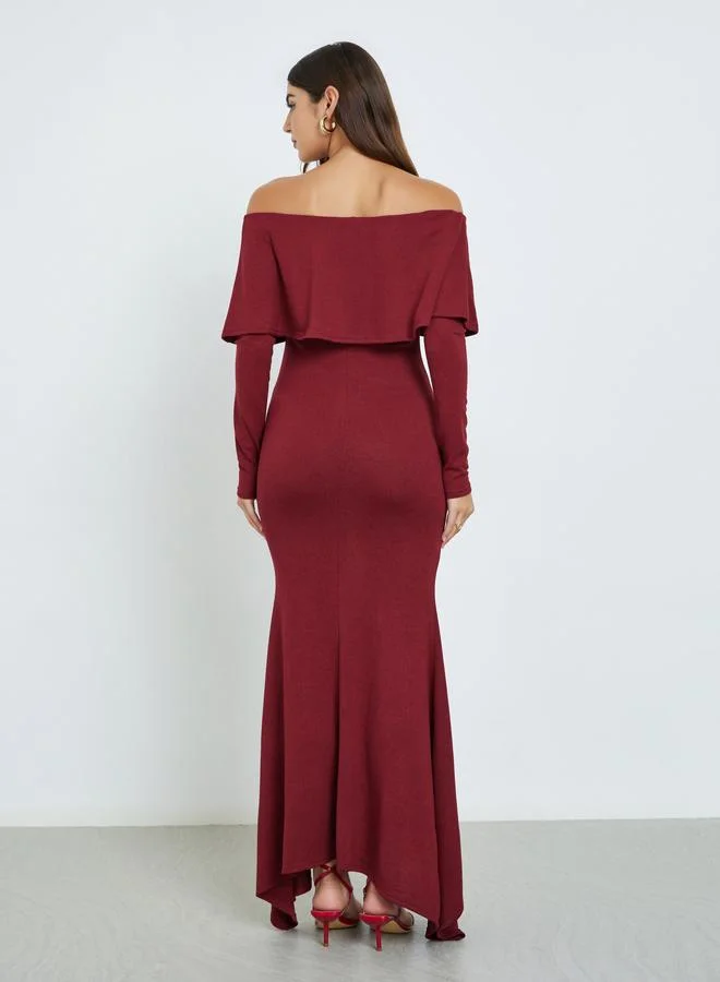 Styli Solid Long Sleeves Off Shoulder A-Line Maxi Dress