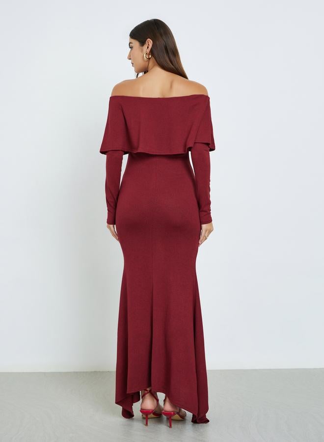 Styli Solid Long Sleeves Off Shoulder A-Line Maxi Dress - Image 5