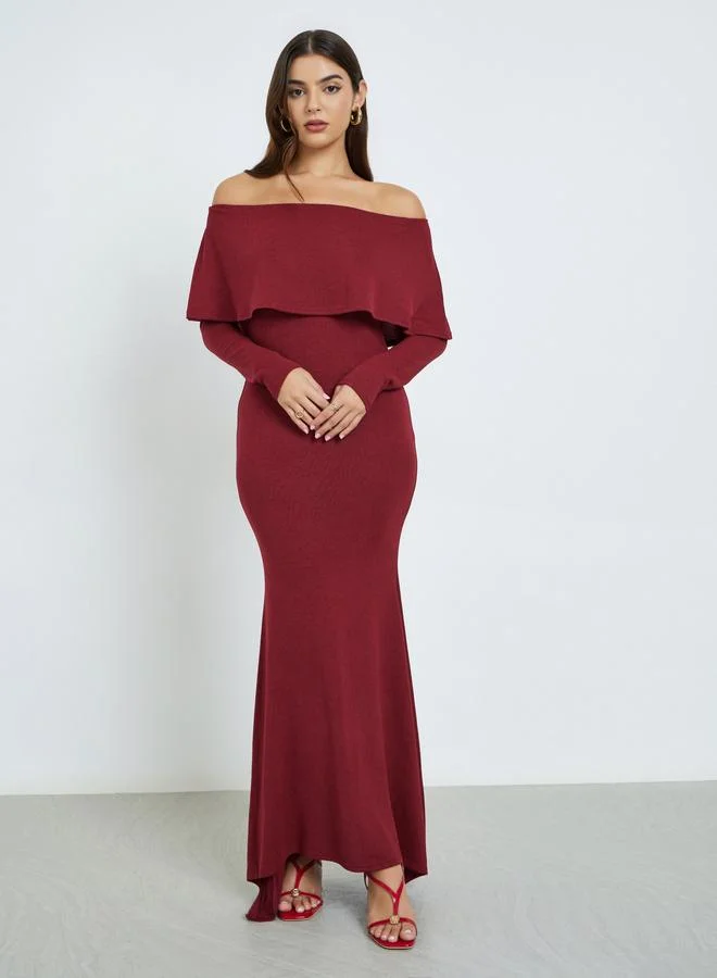 Styli Solid Long Sleeves Off Shoulder A-Line Maxi Dress