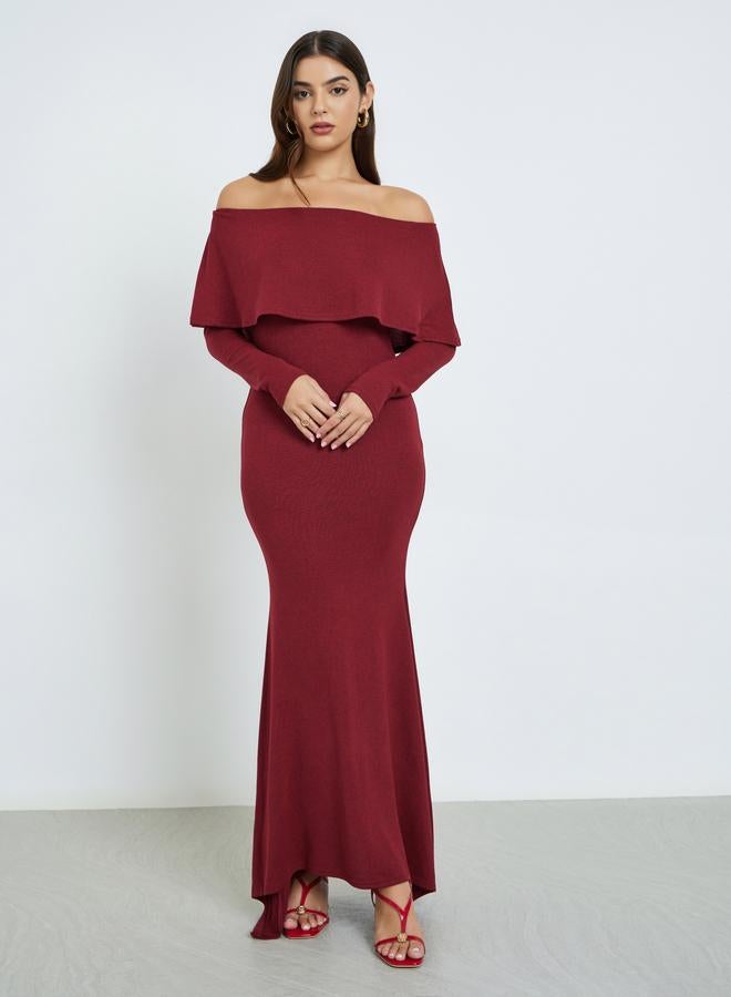 Styli Solid Long Sleeves Off Shoulder A-Line Maxi Dress - Image 2