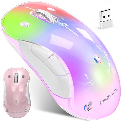 memzuoix 2.4G LED Wireless Mouse, Rechargeable Ergonomic Mouse with Detachable Cover, 1200 DPI Portable Optical Computer Mouse with USB Receiver for Laptop, PC, Desktop and MacBook, 5 Buttons-Pink - Image 1