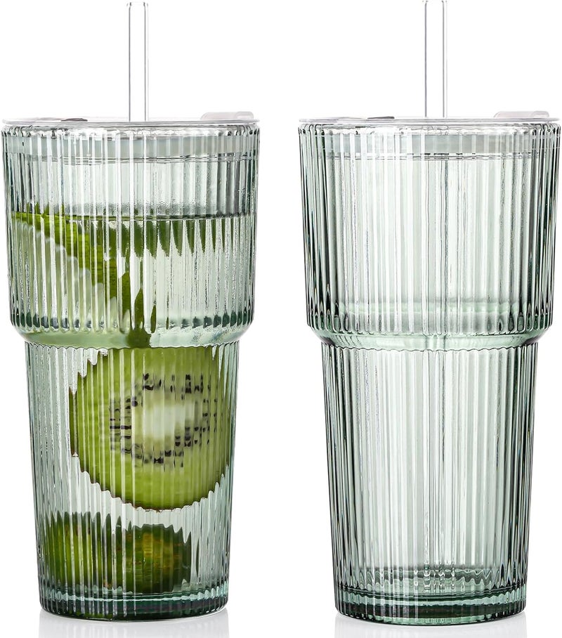 SIPBYSOP 2PCS Ribbed Glass Cups with Lids and Straws, 20oz Vintage Drinking Glasses, Aesthetic Iced Coffee Cups, Glass Tumbler for Boba, Beer, Tea, Cocktails, Ribbed Glassware Set,Green - Image 1