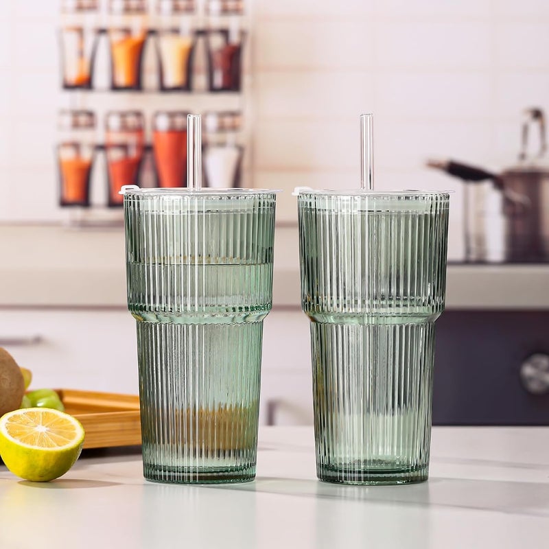 SIPBYSOP 2PCS Ribbed Glass Cups with Lids and Straws, 20oz Vintage Drinking Glasses, Aesthetic Iced Coffee Cups, Glass Tumbler for Boba, Beer, Tea, Cocktails, Ribbed Glassware Set,Green - Image 2