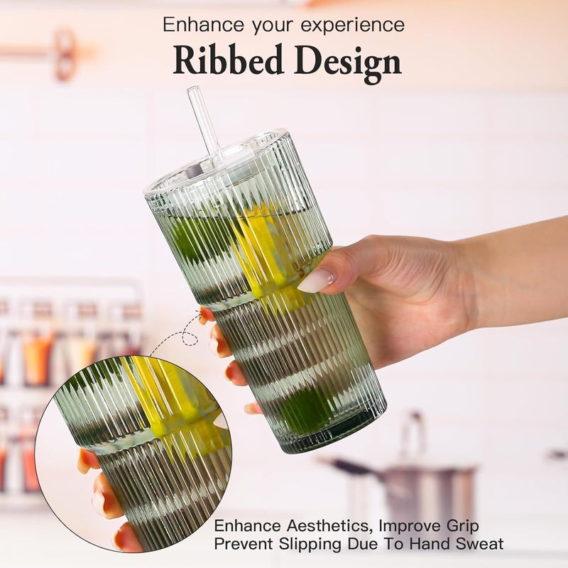 SIPBYSOP 2PCS Ribbed Glass Cups with Lids and Straws, 20oz Vintage Drinking Glasses, Aesthetic Iced Coffee Cups, Glass Tumbler for Boba, Beer, Tea, Cocktails, Ribbed Glassware Set,Green - Image 4