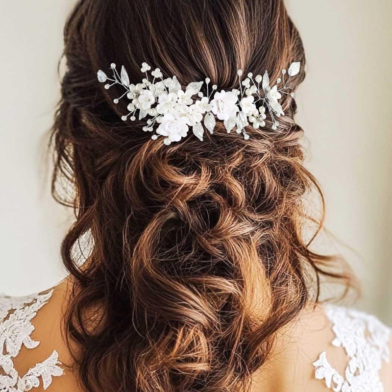 GORAIS Flower Wedding Hair Vine Silver Bridal Hair Piece Pearl Bride Headpieces Hair Accessories for Women and Girls