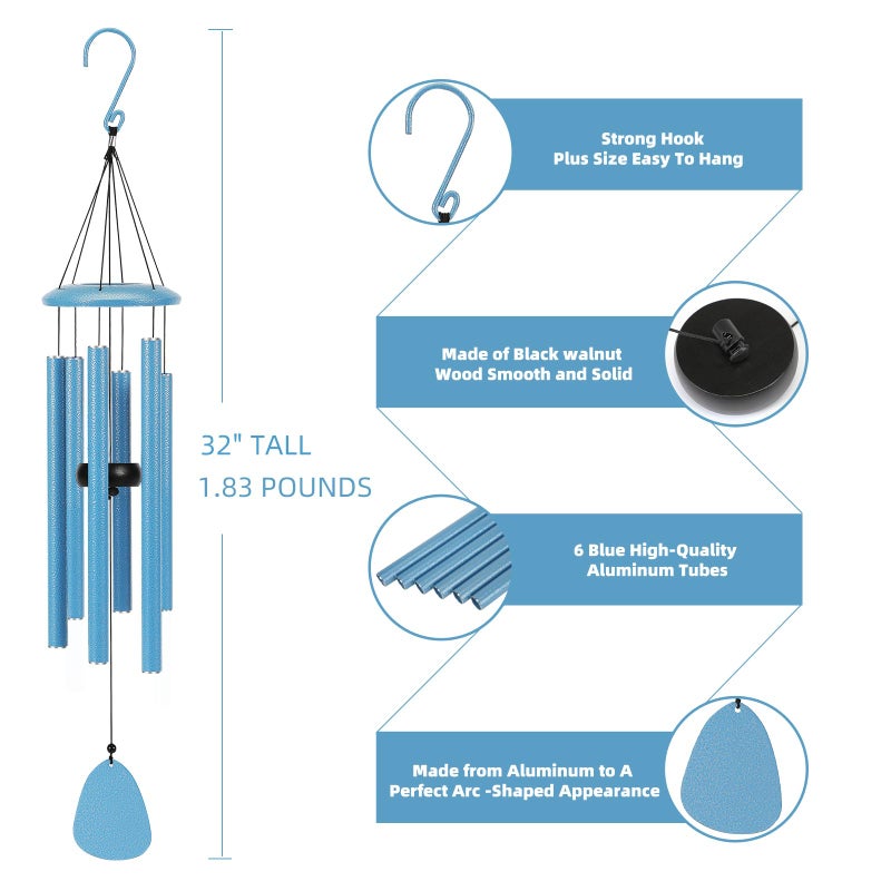 FSVGYY Wind-Chimes-Outdoor-Deep-Tone, Large Soothing Melodic Tones Mobile Windchimes, Wind Chimes for Outside, Memorial Wind Chime Best Gift for Mom Women Grandma Neighbors(32" Blue Coated Aluminum) - Image 5