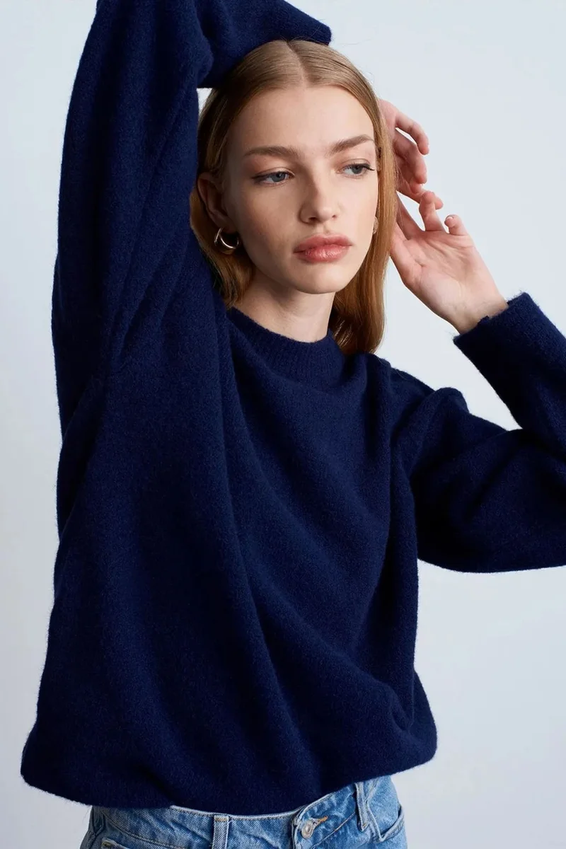Dilvin Navy Blue DILVIN Women's Solid Crew Neck Ribbed Sweater for Women | Best Price UAE