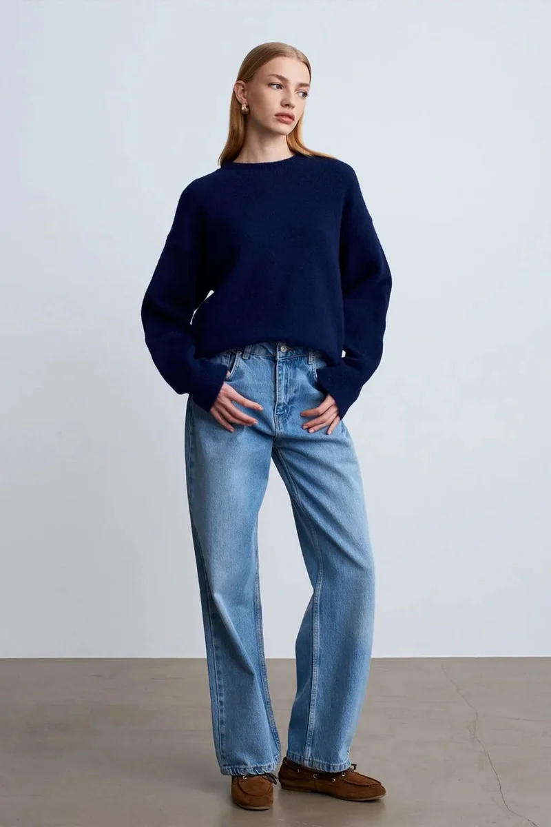 Dilvin Navy Blue DILVIN Women's Solid Crew Neck Ribbed Sweater for Women | Best Price UAE