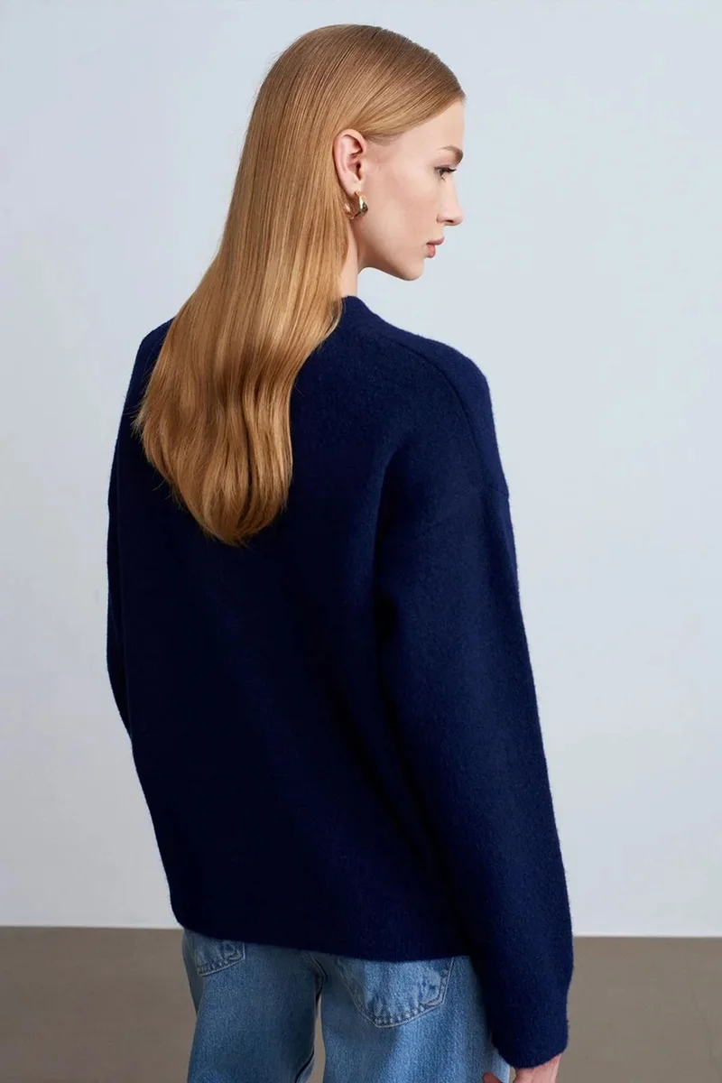 Dilvin Navy Blue DILVIN Women's Solid Crew Neck Ribbed Sweater for Women | Best Price UAE
