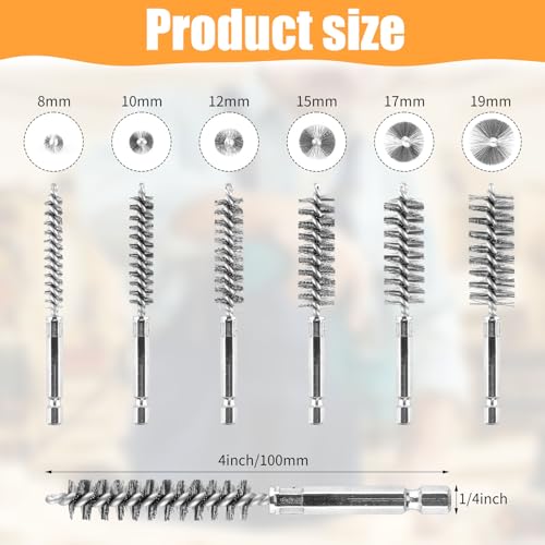 AOKLIT 6Pieces Wire Brush Drill Bore Cleaning Brushes Set,with 1/4 Inch Hex Shank Stainless Steel Wire Twisted Brush for Rust, Cleaning Tubes (8/10/12/15/17/19MM) ﻿ - Image 2