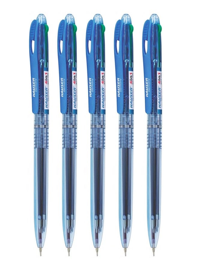 Hauser Germany 4 in 1 Retractable Ball Pen Box Pack | Durable Transparent Body | 4 Ink Colors In One Pen | Low Viscosity Ink System | Smooth & Effortless Writing | Pack Of 5 - Image 1