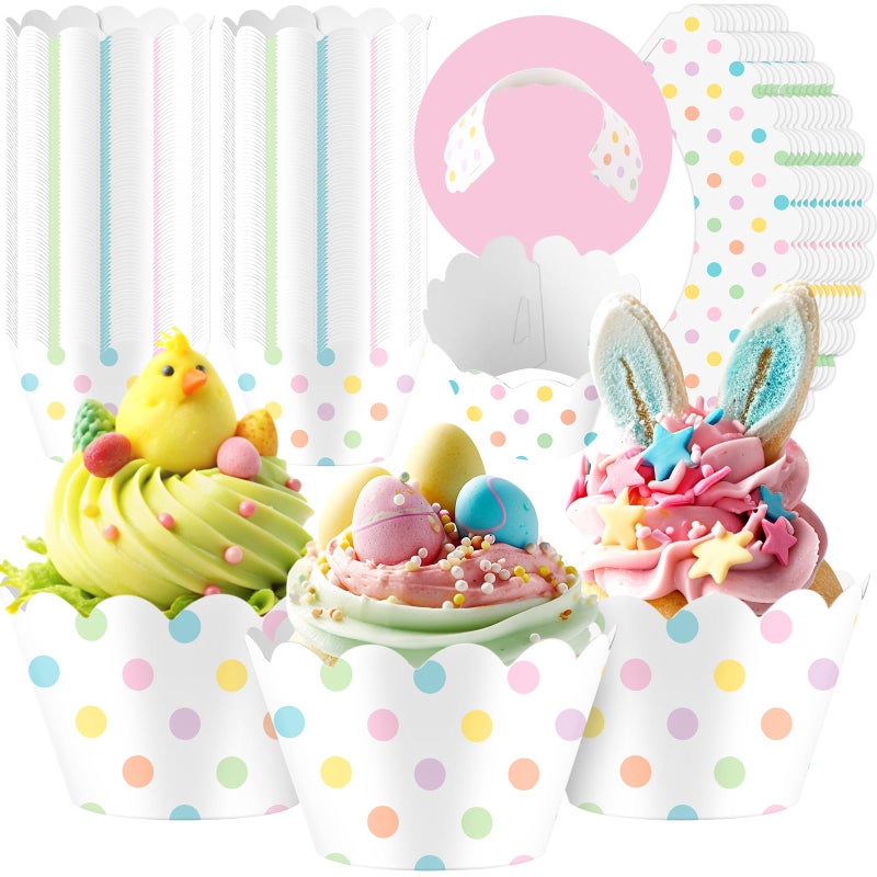 Domensi 100 Pcs Easter Polka Dot Paper Baking Cups Cupcake Wrappers Pastel Scalloped Polka Dot Edge Cupcake Muffin Liners Baking Liners for Spring Easter dessert Decoration Wedding Party Supplies - Image 1