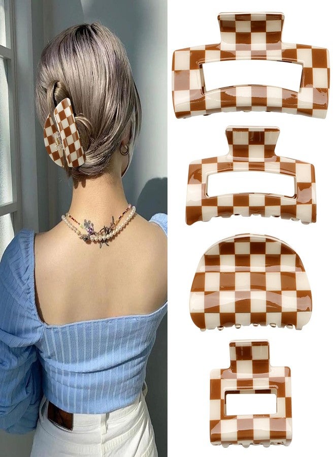 CHANACO Checkered Claw Clips 4 Pcs Large Hair Clips for Thick Hair - Brown Tortoise Barrettes for Women, Y2K Aesthetics Hair Accessories for Girls - Image 1