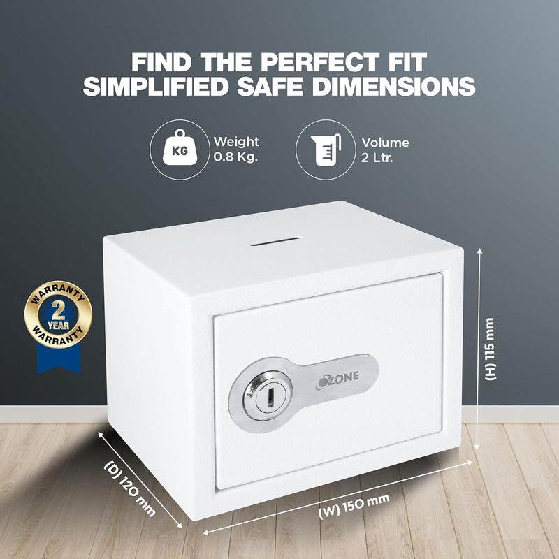 Ozone Ozone 2 Litres Manual Safe Locker for Home Office Manual Lock 1Way Unlocking Mechanical Key Size 115H x 150W x 120D mm Weight 08kg 2Year Warranty White  - Image 5
