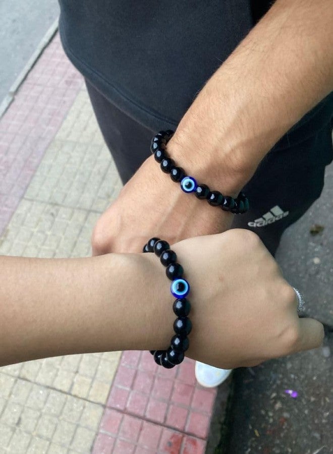 SUKHAD Evil Eye Protection Bracelet for Men & Women | Black Beaded Adjustable Bracelet | Nazar Suraksha Lucky Charm Bracelet | Couples Friendship Bracelet Set (2 Pcs) - Image 2