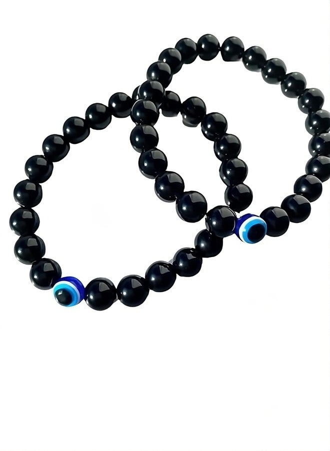 SUKHAD Evil Eye Protection Bracelet for Men & Women | Black Beaded Adjustable Bracelet | Nazar Suraksha Lucky Charm Bracelet | Couples Friendship Bracelet Set (2 Pcs) - Image 1