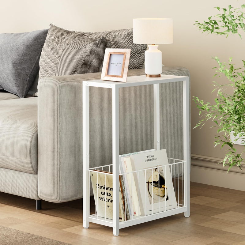 Homleke Narrow Side Table with Magazine Holder, Skinny End Table Perfect for Small Spaces, Space-Saving Design for Living Room, Bedroom, or Office, 7.1" D x 16.9" W x 23.6" H, White - Image 2