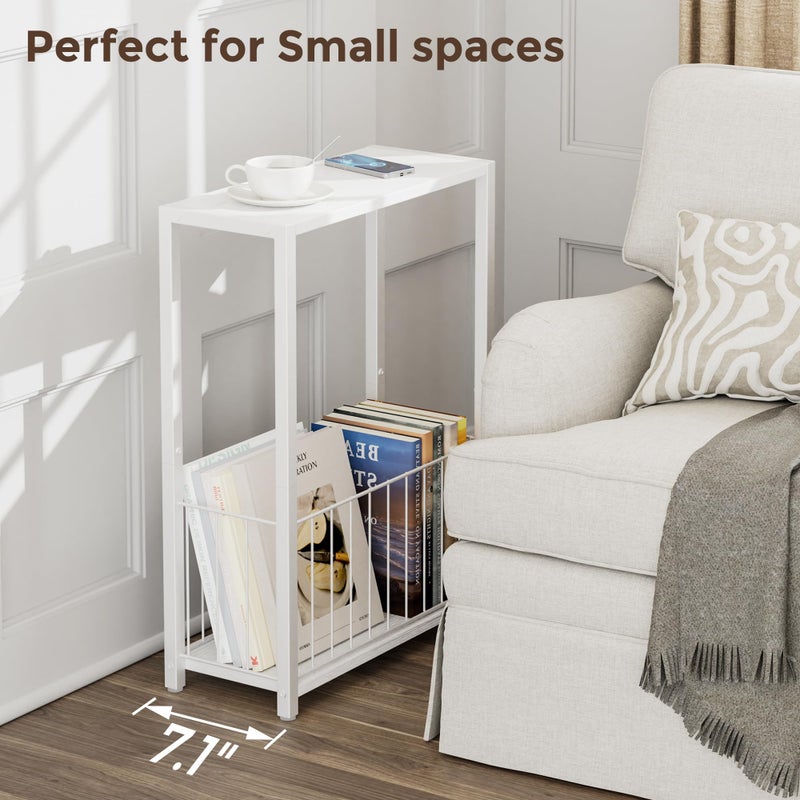 Homleke Narrow Side Table with Magazine Holder, Skinny End Table Perfect for Small Spaces, Space-Saving Design for Living Room, Bedroom, or Office, 7.1" D x 16.9" W x 23.6" H, White - Image 4
