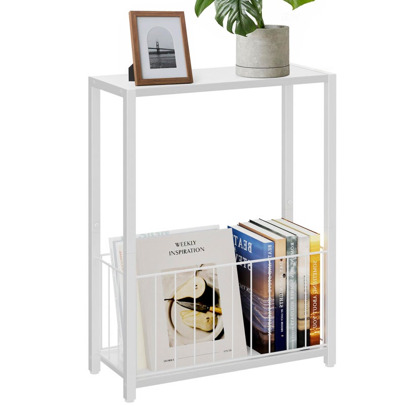 Homleke Narrow Side Table with Magazine Holder, Skinny End Table Perfect for Small Spaces, Space-Saving Design for Living Room, Bedroom, or Office, 7.1" D x 16.9" W x 23.6" H, White - Image 1