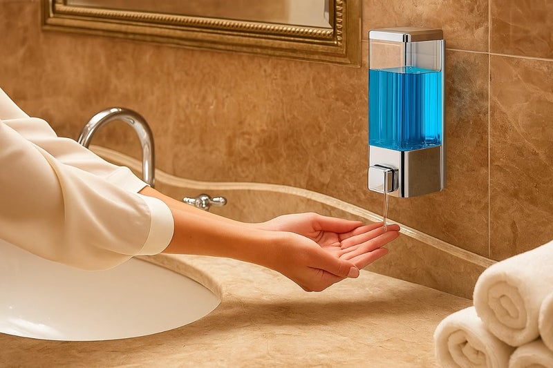 Bathoyum 350 Ml ABS Wall Mounted Liquid Soap Dispenser Shampoo Sanitizer Gel Dispenser for Bathroom (Chrome Plated) Pack of 1 White - Image 2