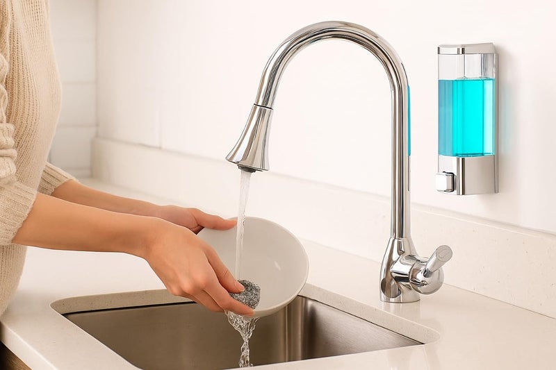 Bathoyum 350 Ml ABS Wall Mounted Liquid Soap Dispenser Shampoo Sanitizer Gel Dispenser for Bathroom (Chrome Plated) Pack of 1 White - Image 4