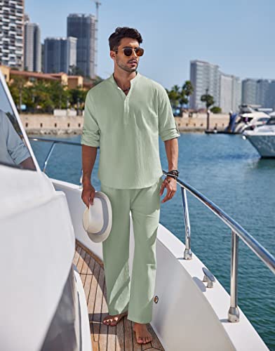 COOFANDY Mens 2 Pieces Cotton Linen Set Long Sleeve Henley Shirts Casual Beach Pants With Pockets Summer Yoga Outfits - Image 3