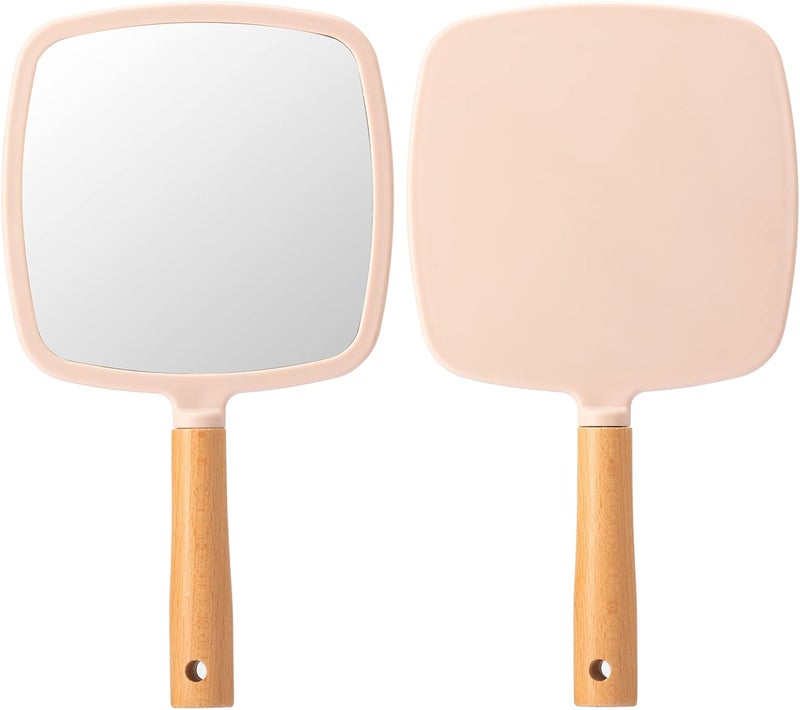 YEAKE Hand Held Mirror with Handle for Makeup,Small Cute Wood Hand Mirror for Shaving with Hole Hanging Single-Sided Portable Travel Vanity Mirror for Men&Women(Square,Pink,1Pack)