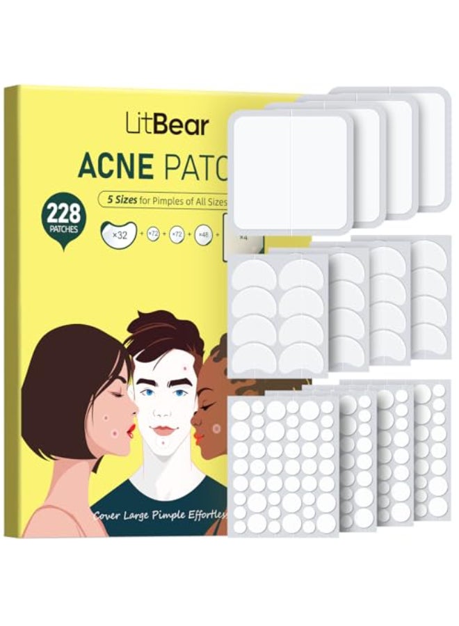 LitBear Pimple Patches for Face Large Acne Patch XL Hydrocolloid BandagesZit Stickers for Forehead Chin Nose Body Back and Chest 5 Sizes 228 Pimple Patches - Image 1