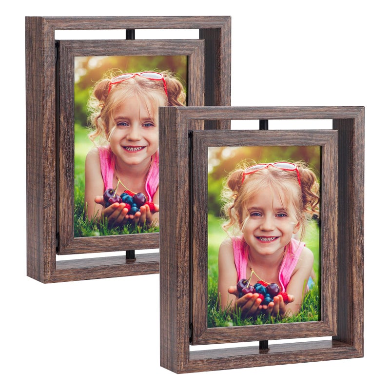 EXYGLO 2 Pack 5x7 Picture Frames Rotating Floating Photo Frame Wooden 2 Sided Frames for Vertical or Horizontal Tabletop Display