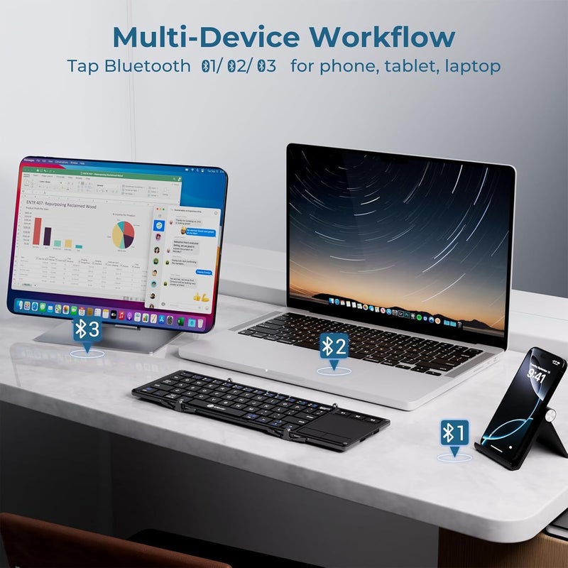 iClever Bluetooth Keyboard, Folding Keyboard with Sensitive Touchpad (Sync Up to 3 Devices), Pocket-Sized Tri-Folded Fodable Keyboard for iPad Mac iPhone Android Windows iOS Tablet Smartphone Laptops - Image 5