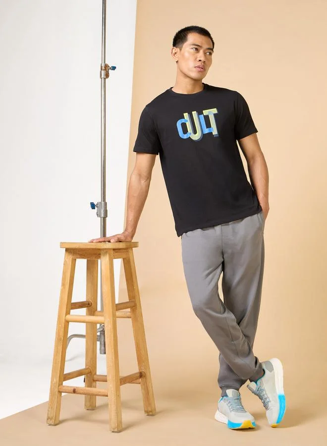 Cult Men Black Typography Print Short Sleeve T-Shirt