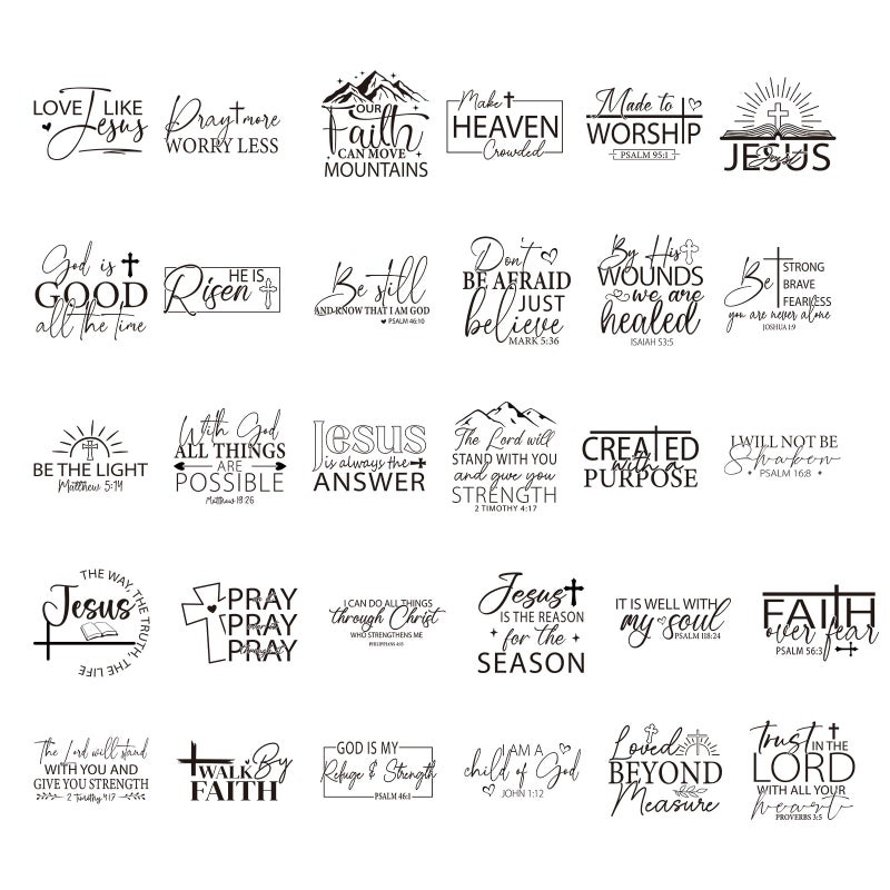 Rngmsi DTF Transfers Ready to Press - 30 Pcs Black Bible Verse Iron on Patches for T-Shirts, Religious Iron on Stickers Inspirational Heat Transfer Vinyl Decals for Clothes Bag DIY Fabric Decor - Image 1