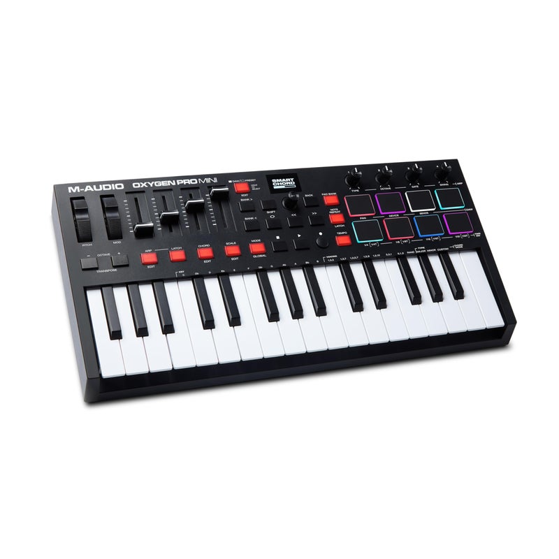 M-Audio MAUDIO Oxygen Pro Mini 32Key USB MIDI Keyboard Controller for MacOS and WinOS with Beat Pads Assignable Knobs and Faders and Native Instruments Sound Pack NKS Integration