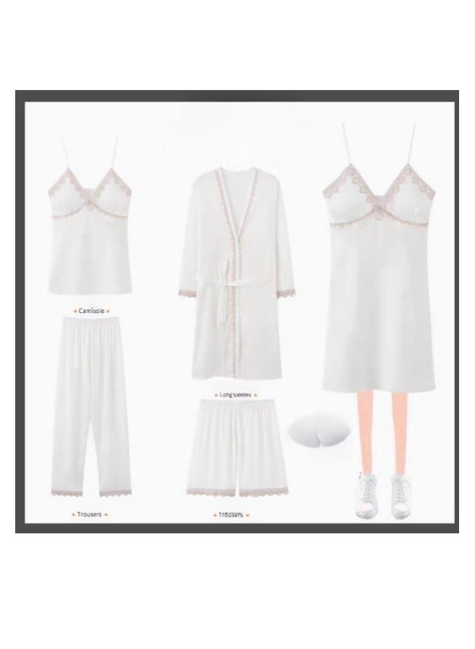 Pajama Women's Ice Silk Five Piece Set With High-End Feel And Chest Cushion Silk Home Suit Set - Image 1