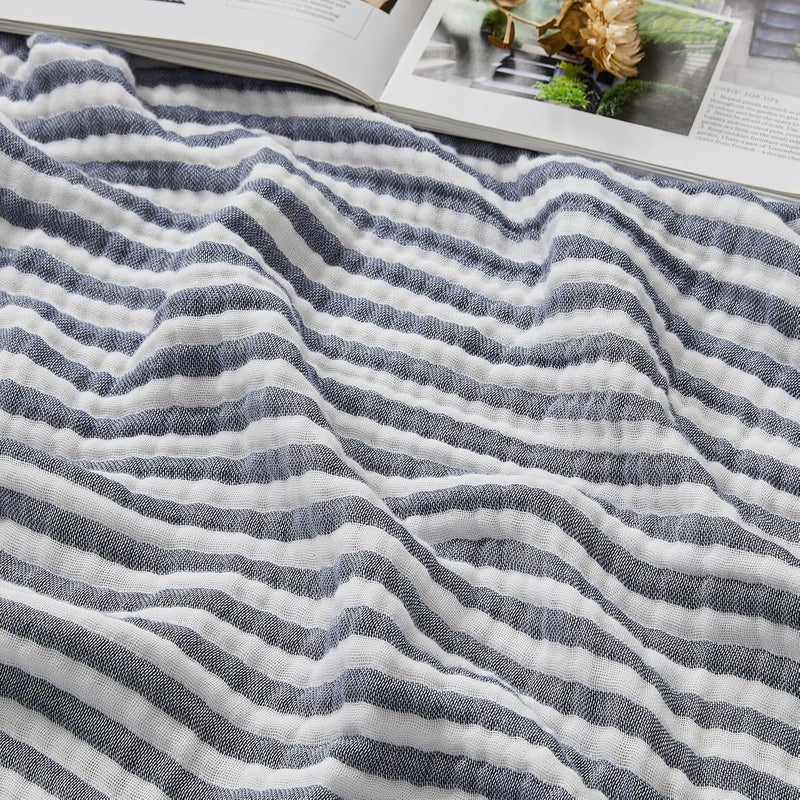 EMME Cotton Muslin Twin Blanket Breathable Gauze Soft Lightweight Adults Gifts for Women (Striped Navy, 60"x80") - Image 1